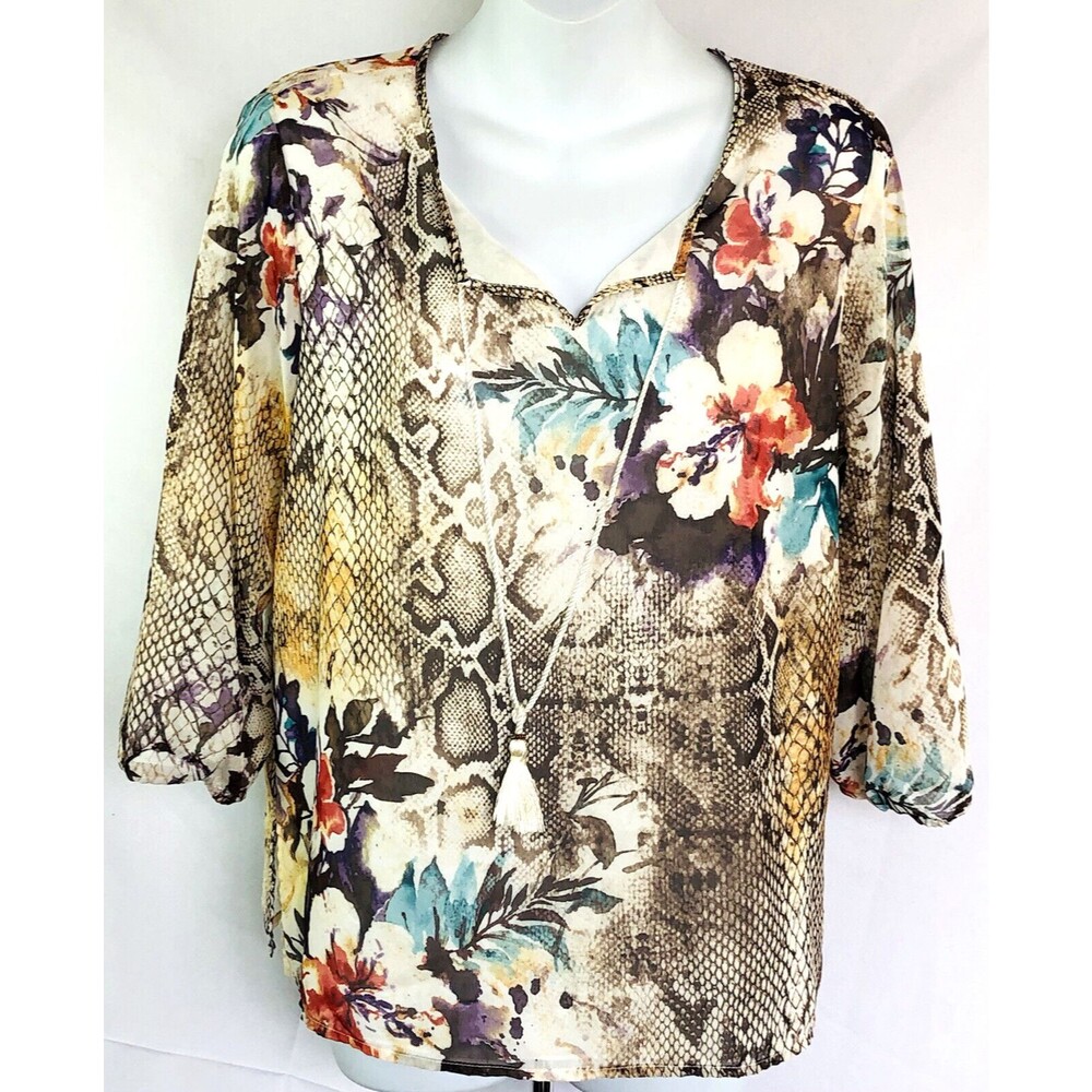 Alfred Dunner Chiffon Top 8P Multi Floral/Snake 3/4 Sleeves tassels boho Classic
